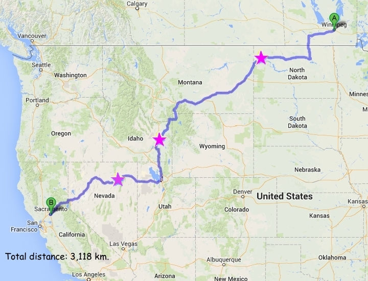 Use the “<<<< Previous,” and “Next >>>>” buttons (above) to navigate from picture to picture in this photo album Map showing route taken from Winnipeg California