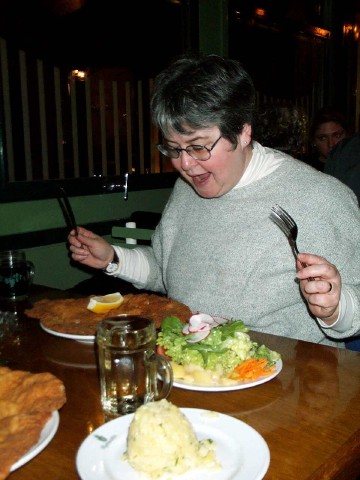 Heather about to dig in to Wienerschnizel