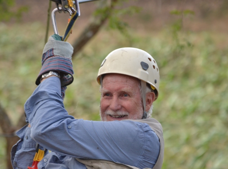 close-up of Tony on a zip-line